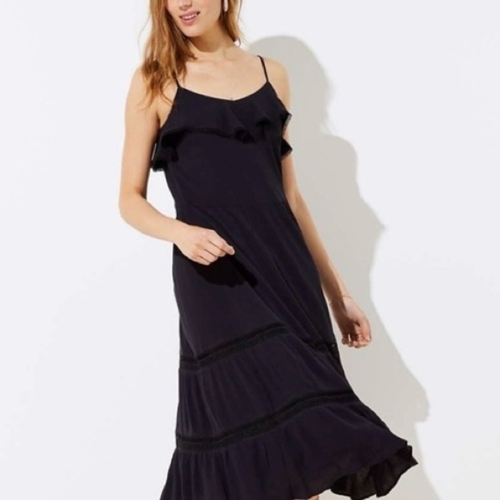 LOFT Women's Tiered Strappy Flounce Dress Boho Peasant - Black - Size 2
